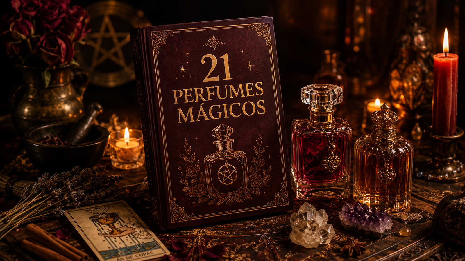 Capa do guia digital 21 Perfumes Mágicos com frascos e elementos botânicos